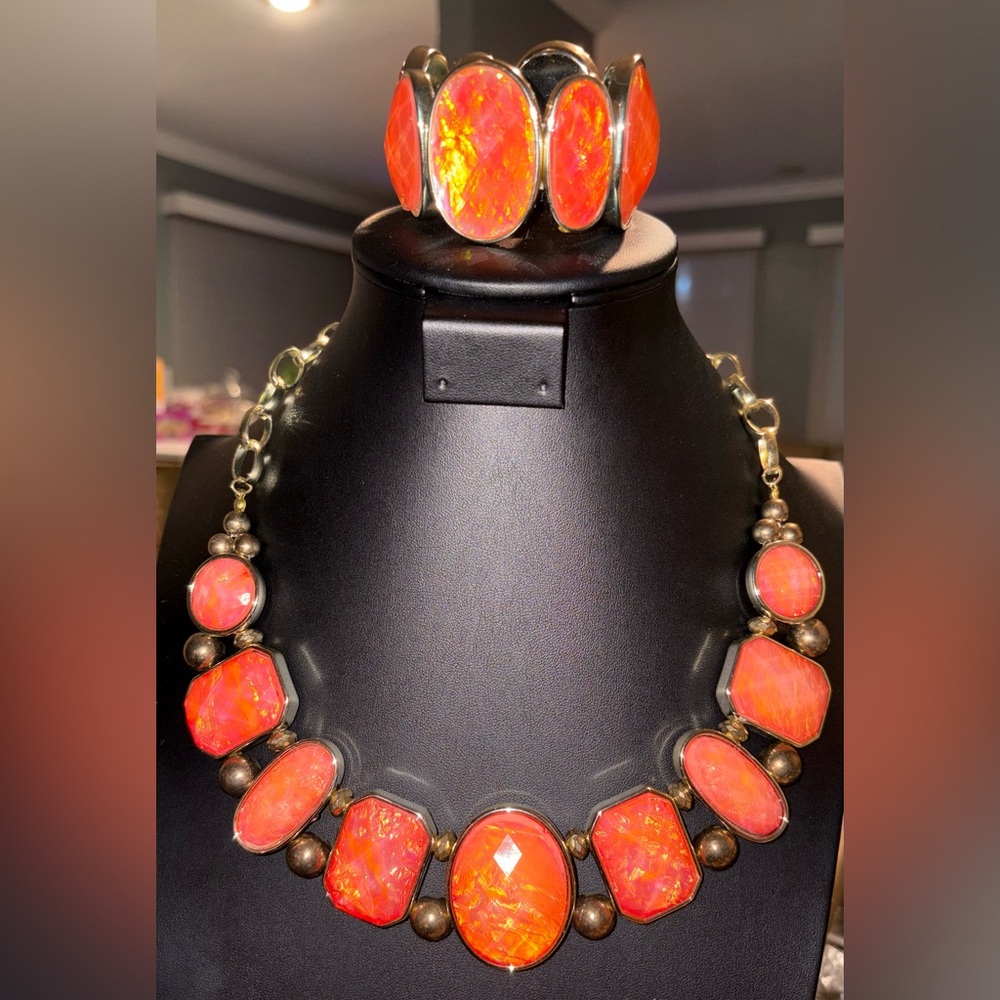 Orange and Gold Statement Necklace and Earrings Jewelry Set
